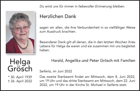 Traueranzeige von Helga Grösch von FZ