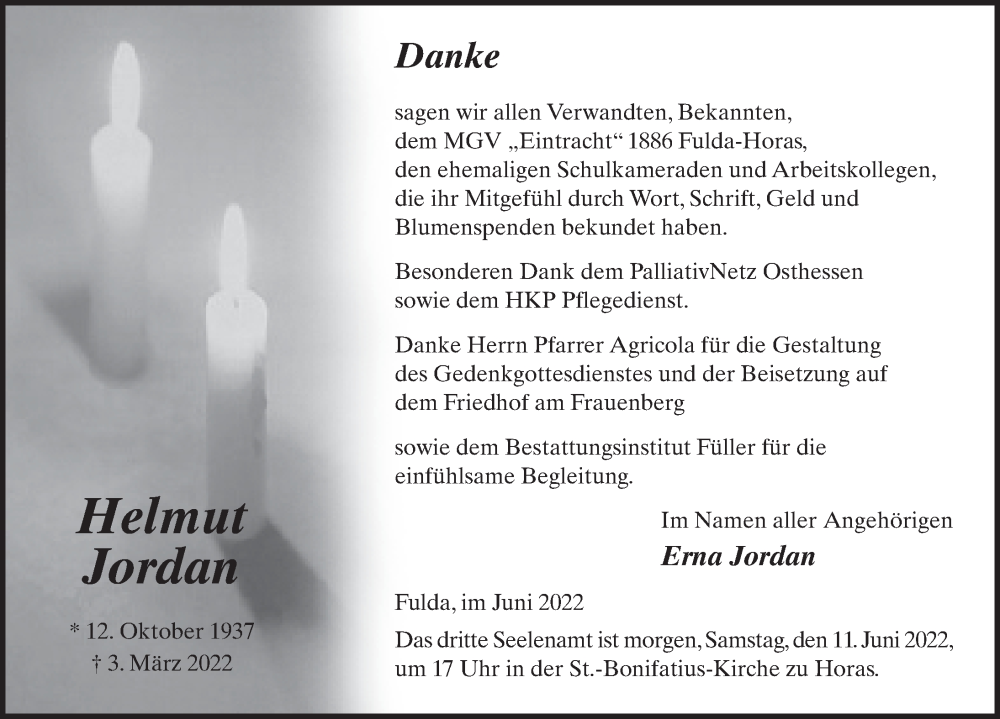  Traueranzeige für Helmut Jordan vom 10.06.2022 aus FZ