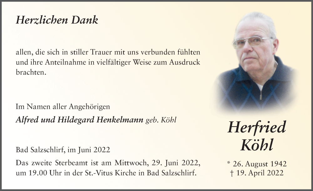  Traueranzeige für Herfried Köhl vom 27.06.2022 aus FZ
