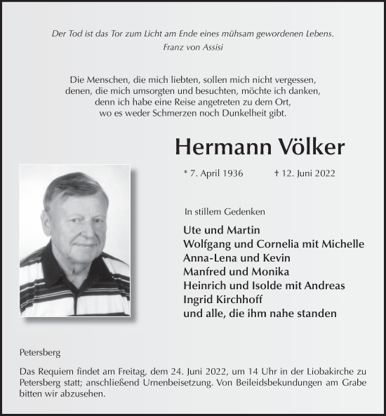 Traueranzeige von Hermann Völker von FZ