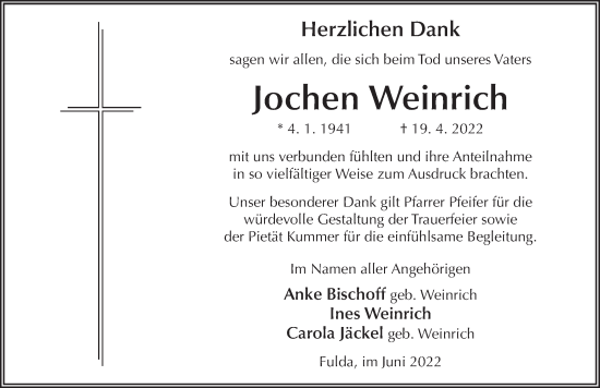 Traueranzeige von Jochen Weinrich von FZ