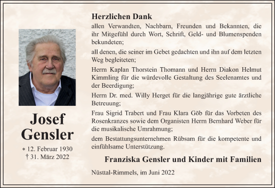 Traueranzeige von Josef Gensler von FZ