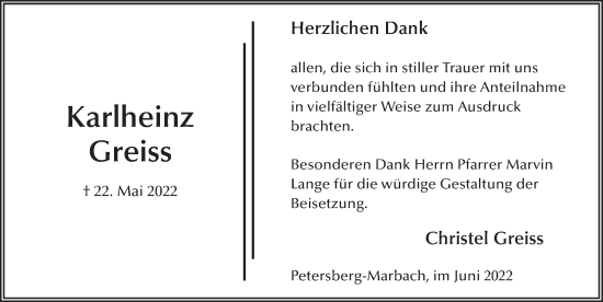 Traueranzeige von Karlheinz Greiss von FZ