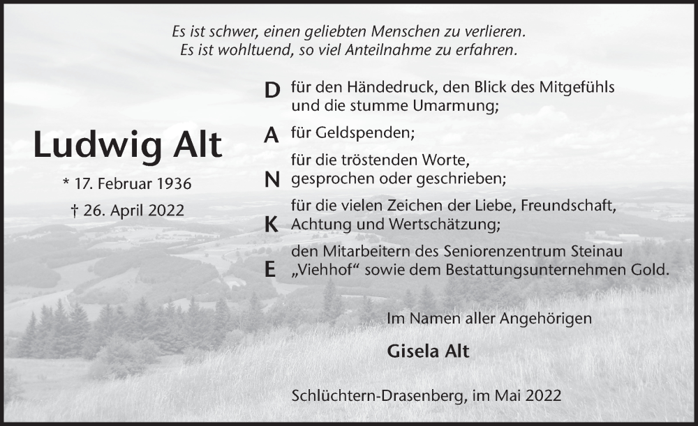  Traueranzeige für Ludwig Alt vom 02.06.2022 aus FZ