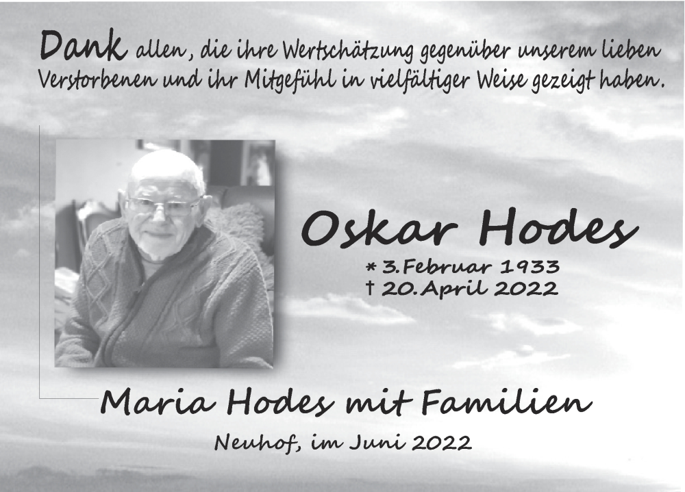  Traueranzeige für Oskar Hodes vom 10.06.2022 aus FZ