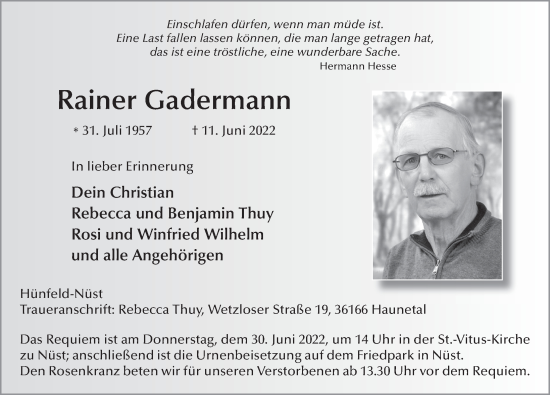Traueranzeige von Rainer Gadermann von FZ