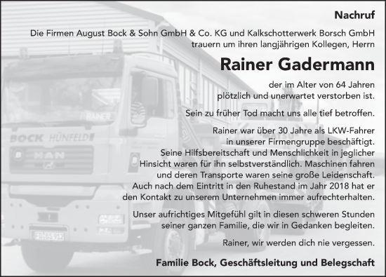 Traueranzeige von Rainer Gadermann von FZ