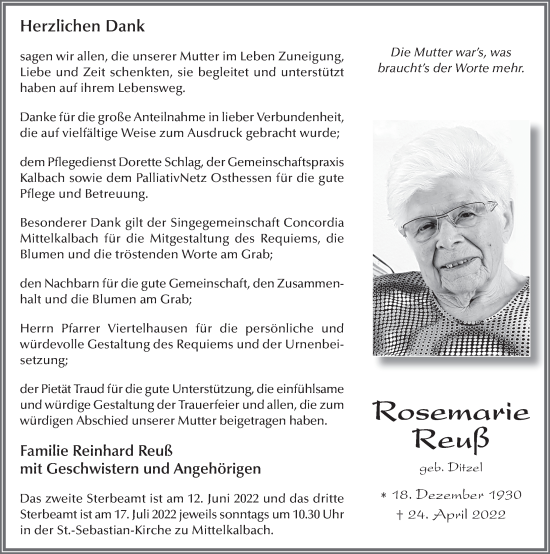 Traueranzeige von Rosemarie Reuß von FZ