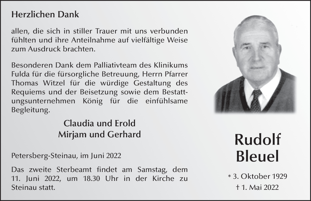  Traueranzeige für Rudolf Bleuel vom 07.06.2022 aus FZ