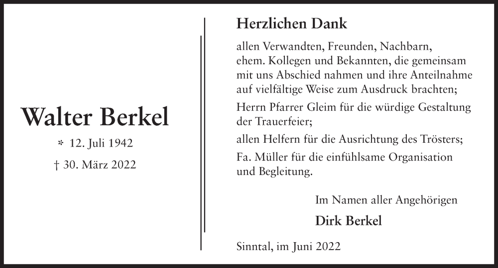  Traueranzeige für Walter Berkel vom 11.06.2022 aus FZ
