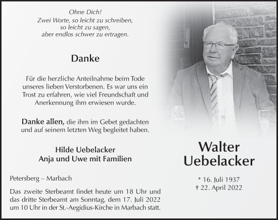 Traueranzeige von Walter Uebelacker von FZ