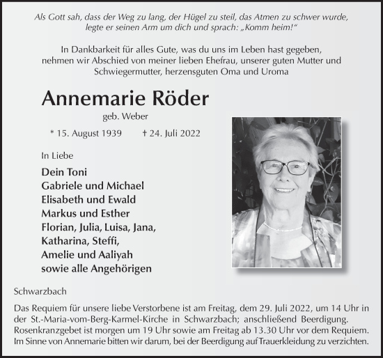Traueranzeige von Annemarie Röder von FZ
