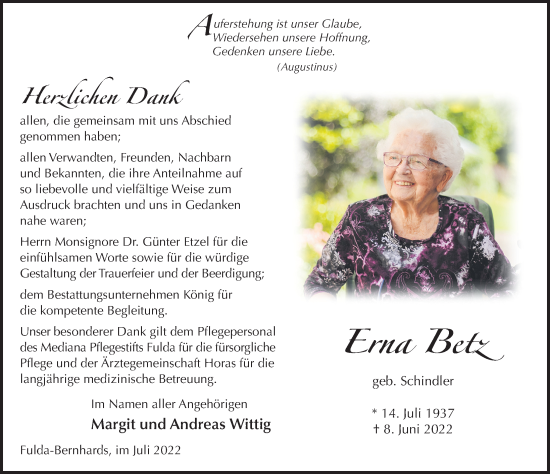 Traueranzeige von Erna Betz von FZ
