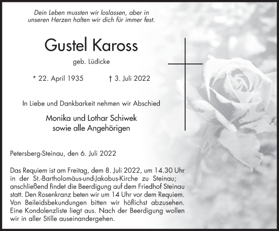 Traueranzeige von Gustel Kaross von FZ