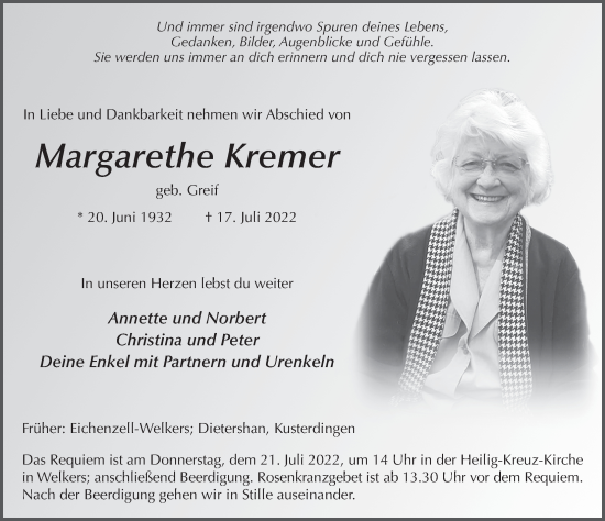 Traueranzeige von Margarethe Kremer von FZ