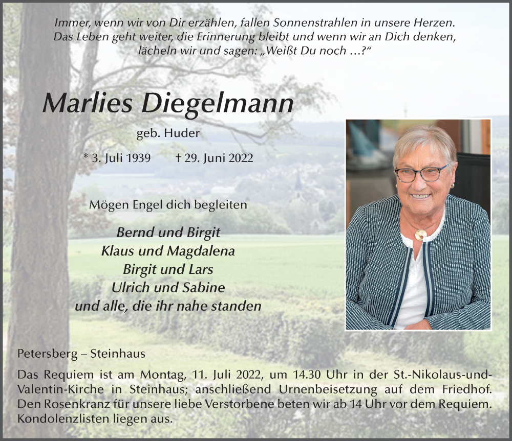  Traueranzeige für Marlies Diegelmann vom 08.07.2022 aus FZ