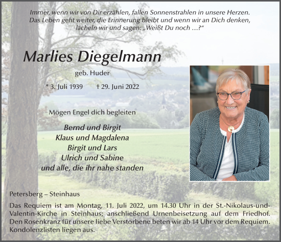 Traueranzeige von Marlies Diegelmann von FZ
