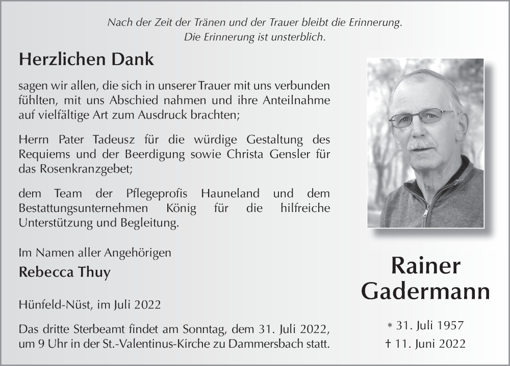  Traueranzeige für Rainer Gadermann vom 22.07.2022 aus FZ