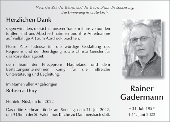 Traueranzeige von Rainer Gadermann von FZ