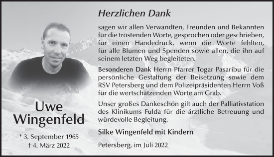 Traueranzeige von Uwe Wingenfeld von FZ