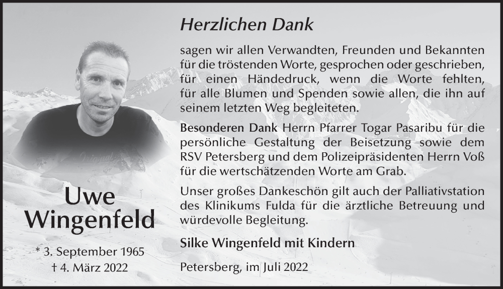  Traueranzeige für Uwe Wingenfeld vom 15.07.2022 aus FZ