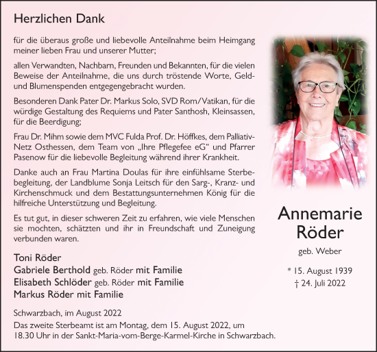 Traueranzeige von Annemarie Röder von FZ