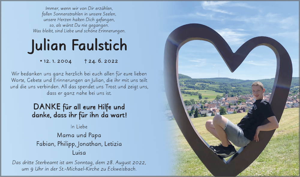  Traueranzeige für Julian Faulstich vom 27.08.2022 aus FZ