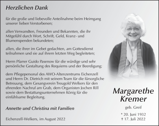 Traueranzeige von Margarethe Kremer von FZ