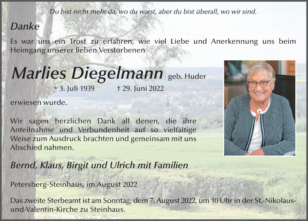  Traueranzeige für Marlies Diegelmann vom 05.08.2022 aus FZ