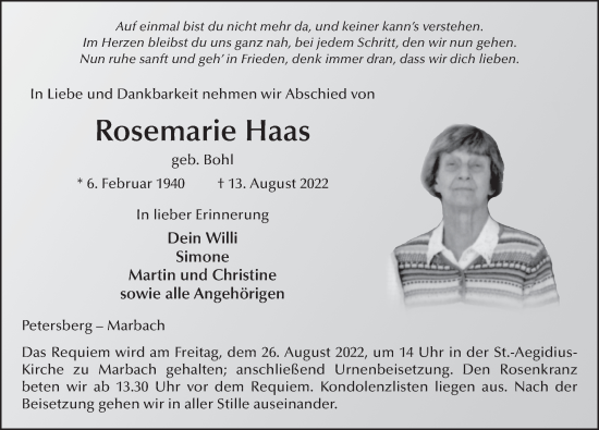 Traueranzeige von Rosemarie Haas von FZ