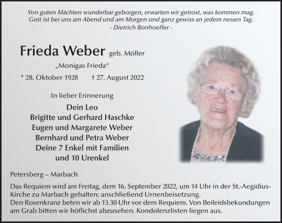 Traueranzeige von Frieda Weber von FZ