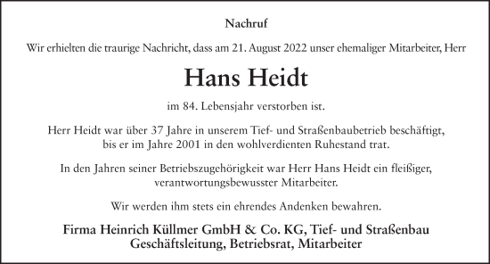 Traueranzeige von Hans Heidt von FZ