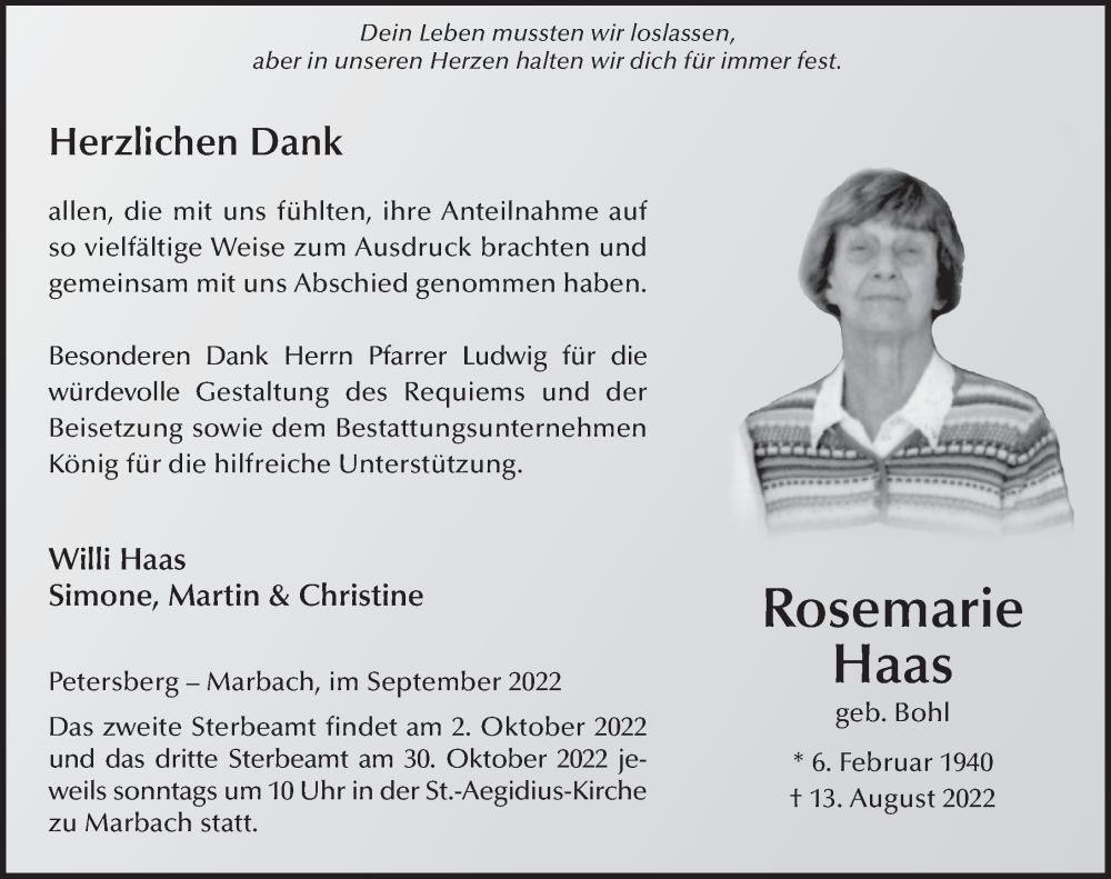  Traueranzeige für Rosemarie Haas vom 23.09.2022 aus FZ