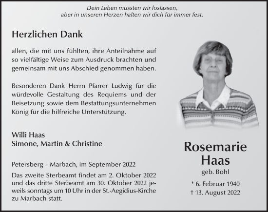 Traueranzeige von Rosemarie Haas von FZ