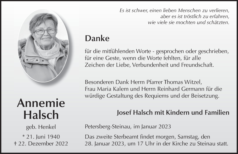  Traueranzeige für Annemie Halsch vom 27.01.2023 aus FZ