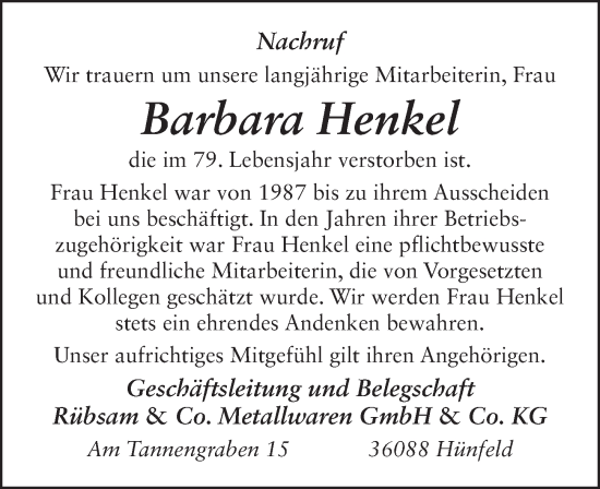 Traueranzeige von Barbara Henkel von FZ