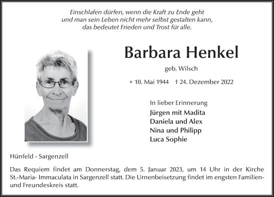 Traueranzeige von Barbara Henkel von FZ