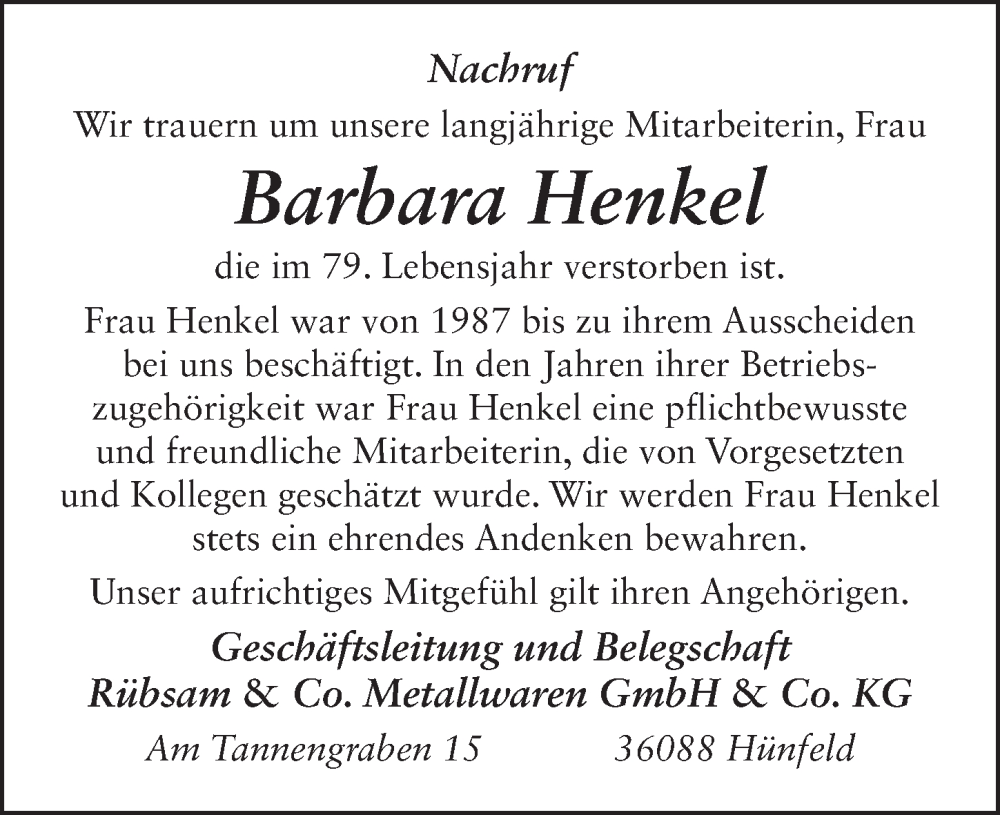  Traueranzeige für Barbara Henkel vom 05.01.2023 aus FZ