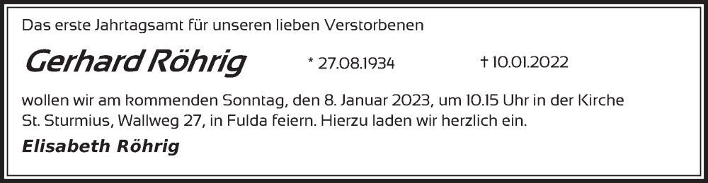  Traueranzeige für Gerhard Röhrig vom 02.01.2023 aus FZ