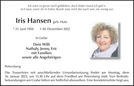 Traueranzeige von Iris Hansen von FZ