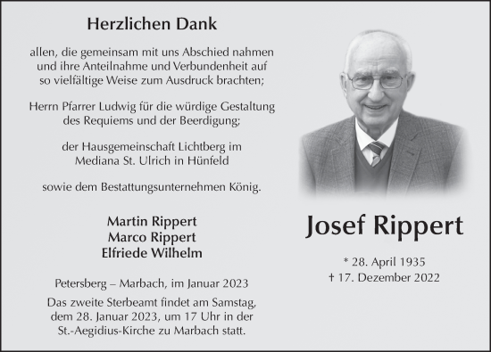 Traueranzeige von Josef Rippert von FZ