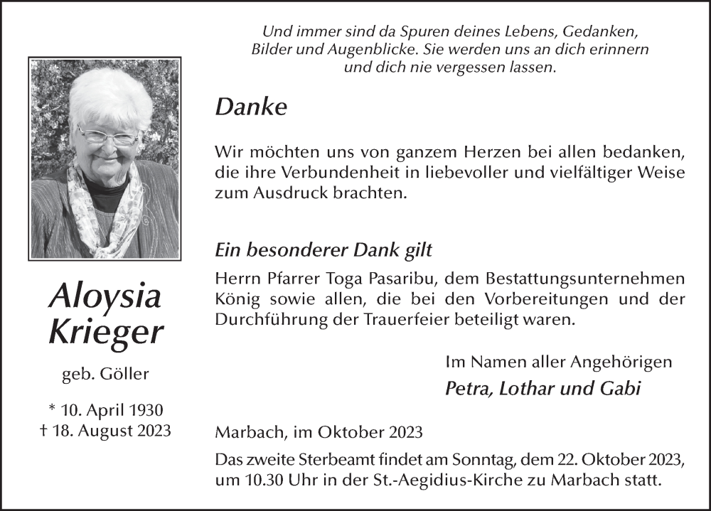  Traueranzeige für Aloysia Krieger vom 14.10.2023 aus FZ