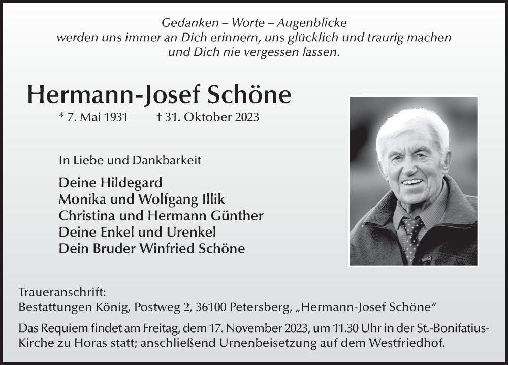  Traueranzeige für Hermann-Josef Schöne vom 11.11.2023 aus FZ