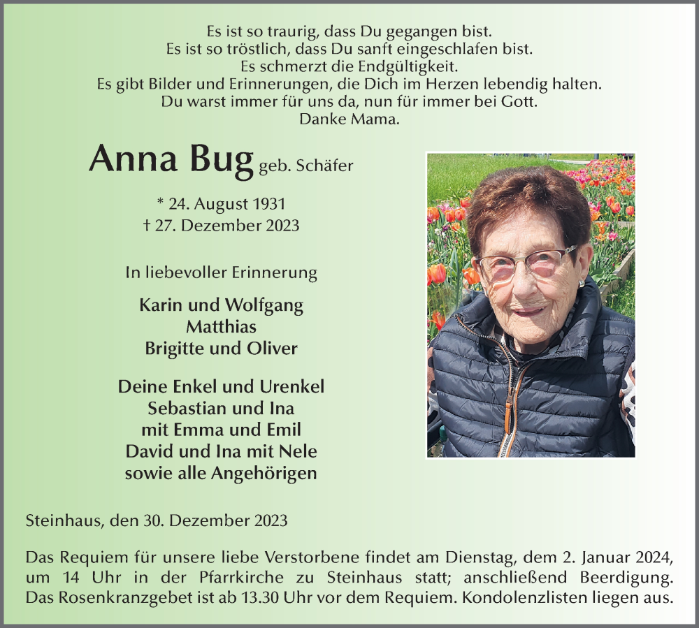  Traueranzeige für Anna Bug vom 30.12.2023 aus FZ