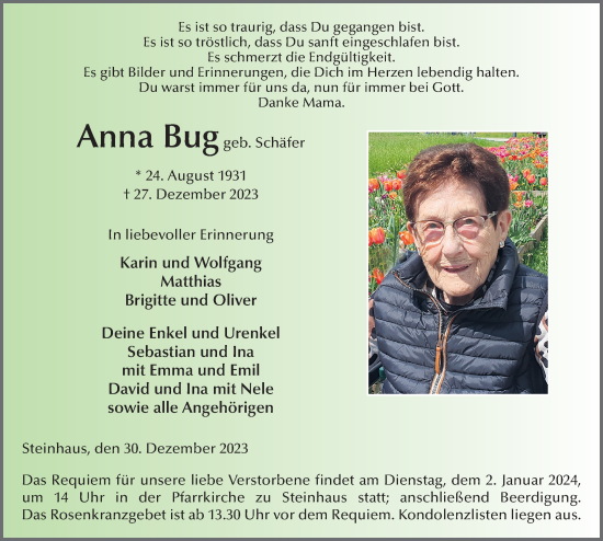 Traueranzeige von Anna Bug von FZ
