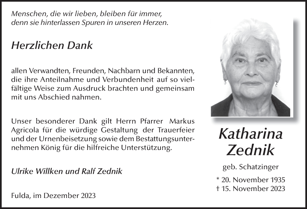  Traueranzeige für Katharina Zednik vom 30.12.2023 aus FZ