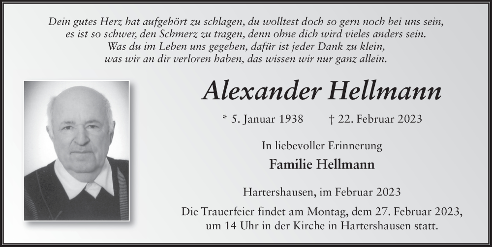  Traueranzeige für Alexander Hellmann vom 25.02.2023 aus FZ