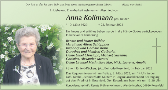 Traueranzeige von Anna Kollmann von FZ