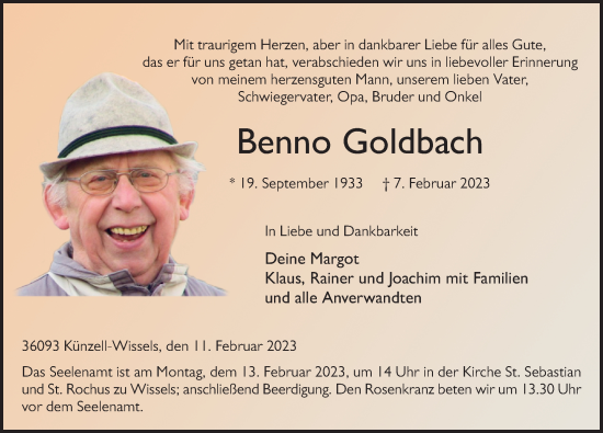 Traueranzeige von Benno Goldbach von FZ