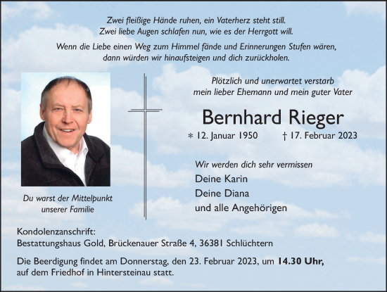 Traueranzeige von Bernhard Rieger von FZ